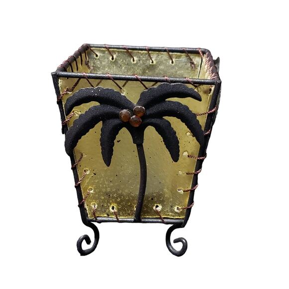 Vintage Palm Tree Stitched Rawhide Decorative Votive Candle Holder - Picture 1 of 9